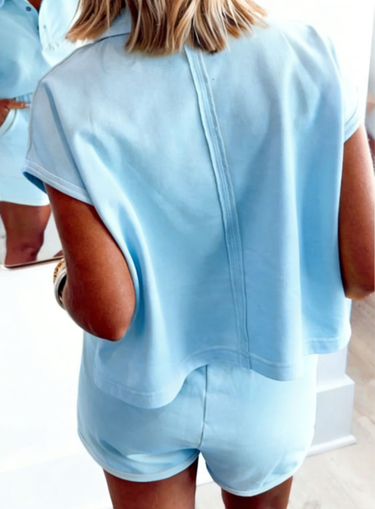 Mist Blue Loose Polo Tee Elastic Waist 2pcs Short Set