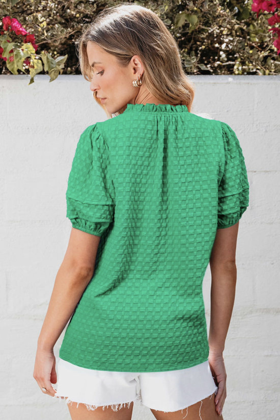Bright Green Textured Puff Short Sleeve Notched V Neck Top