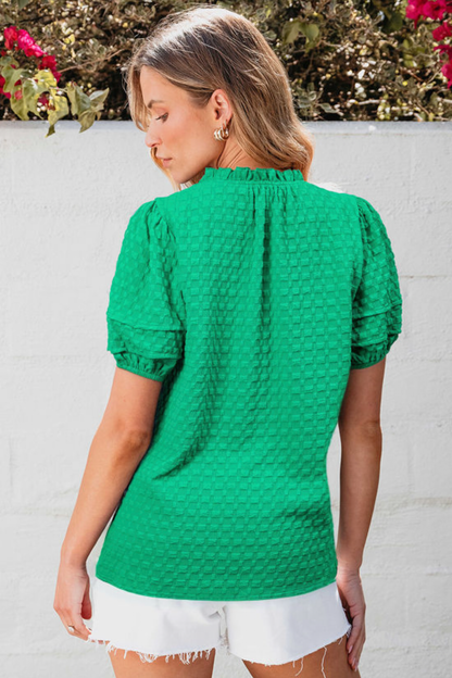 Bright Green Textured Puff Short Sleeve Notched V Neck Top