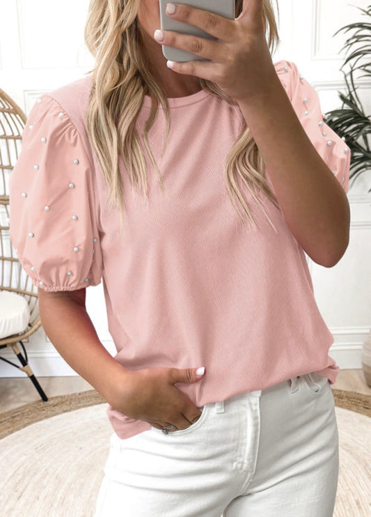 Pink Pearl Beaded Puff Sleeve Top