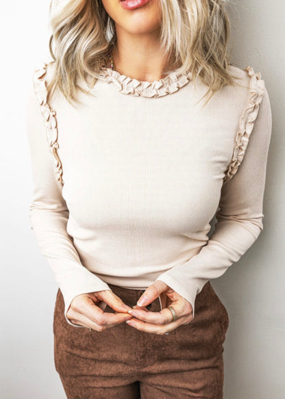 Beige Frill Long Sleeve Top (Preorder)