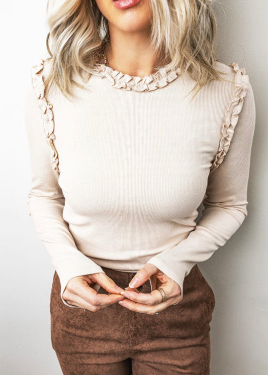 Beige Frill Long Sleeve Top