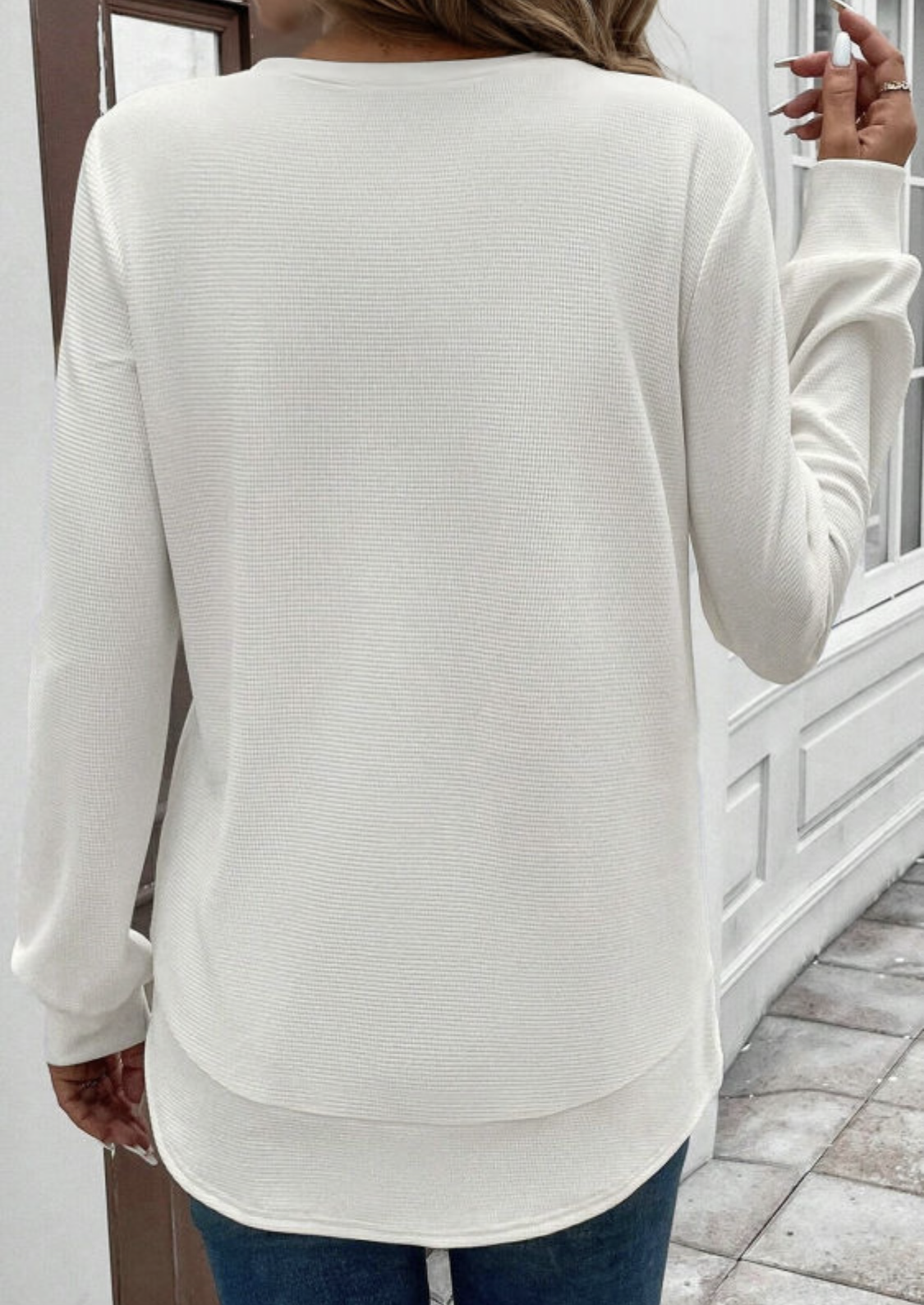 White Waffle Long Sleeve Top