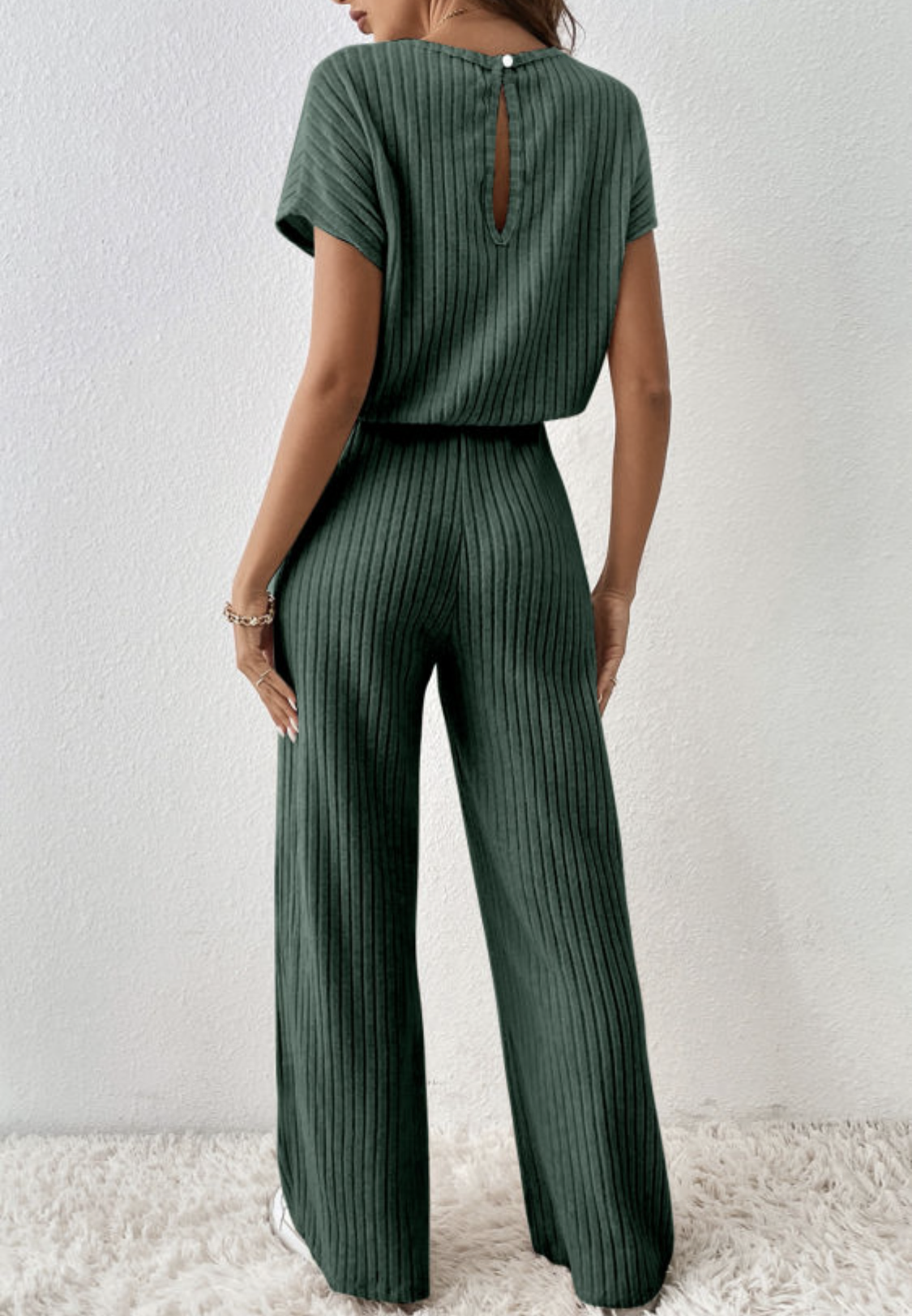 Mist Green Ribbed Keyhole Short Sleeve Wide Leg Jumpsuit