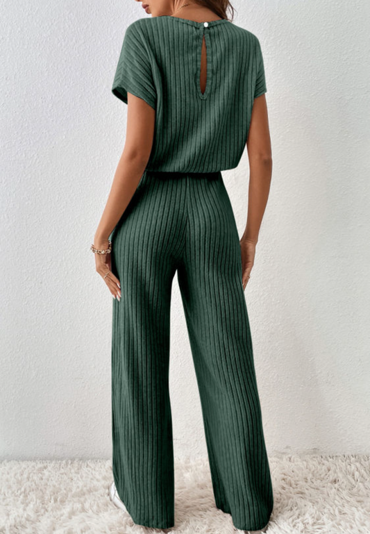 Mist Green Ribbed Keyhole Short Sleeve Wide Leg Jumpsuit