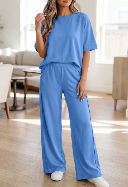 Sky Blue Solid Oversize Tee Pocketed Set