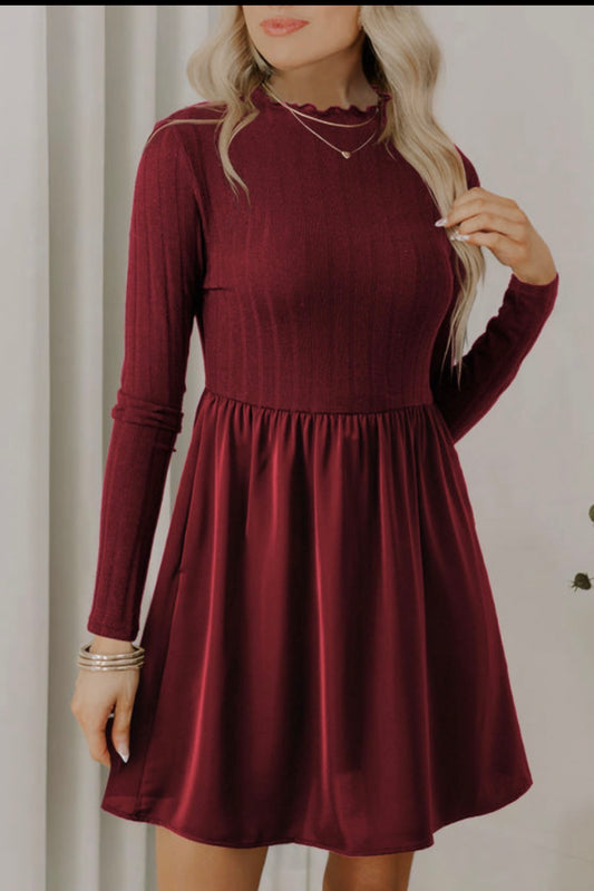 Red Dahlia Frilled Neck Ribbed Knit Patchwork Long Sleeve Mini Dress