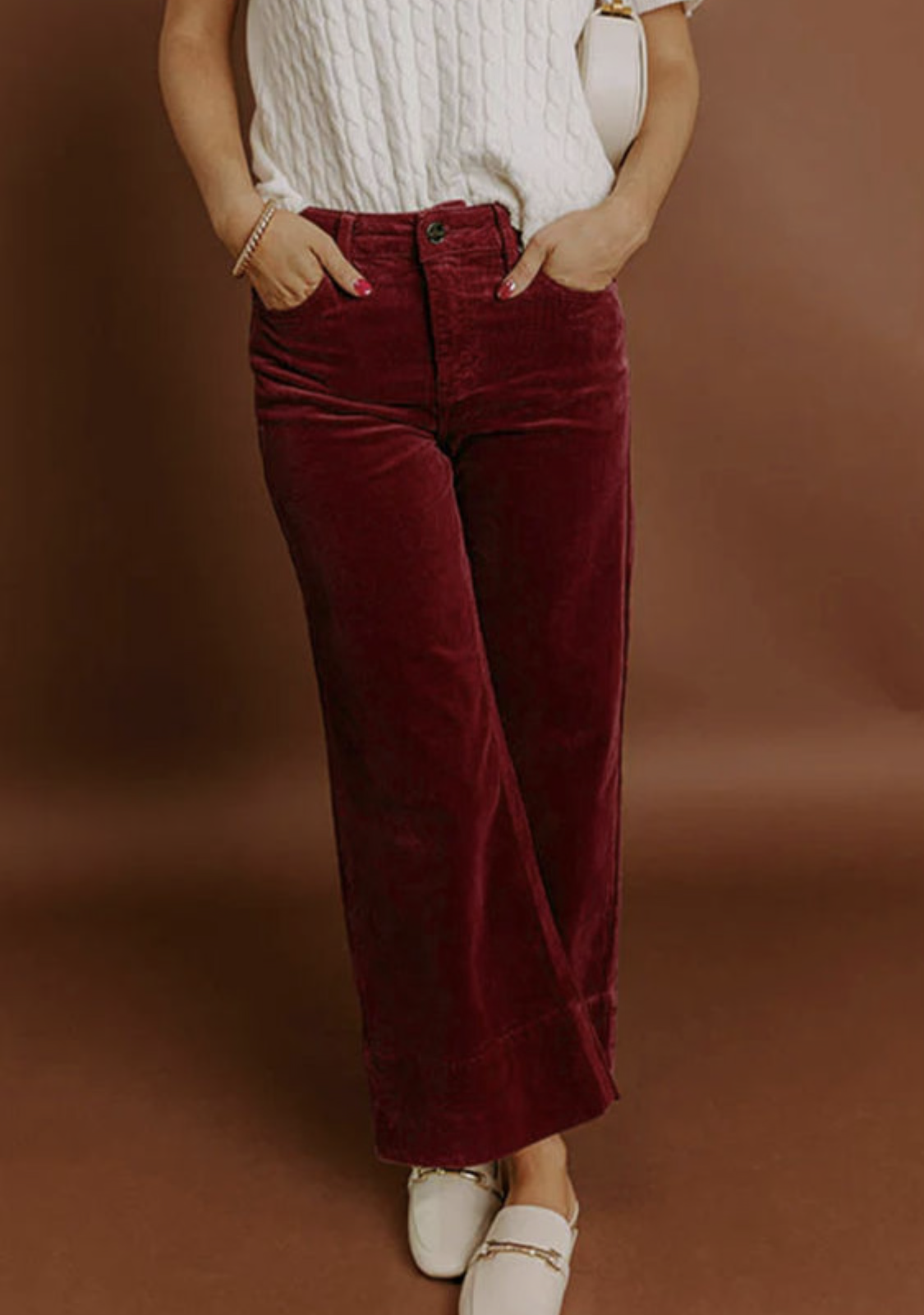 Burgundy Corduroy Solid Color High Waist Wide Leg Pants