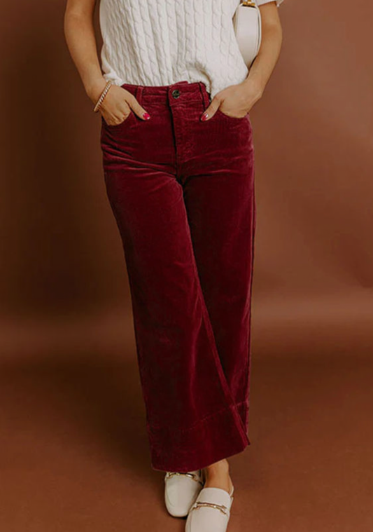 Burgundy Corduroy Solid Color High Waist Wide Leg Pants