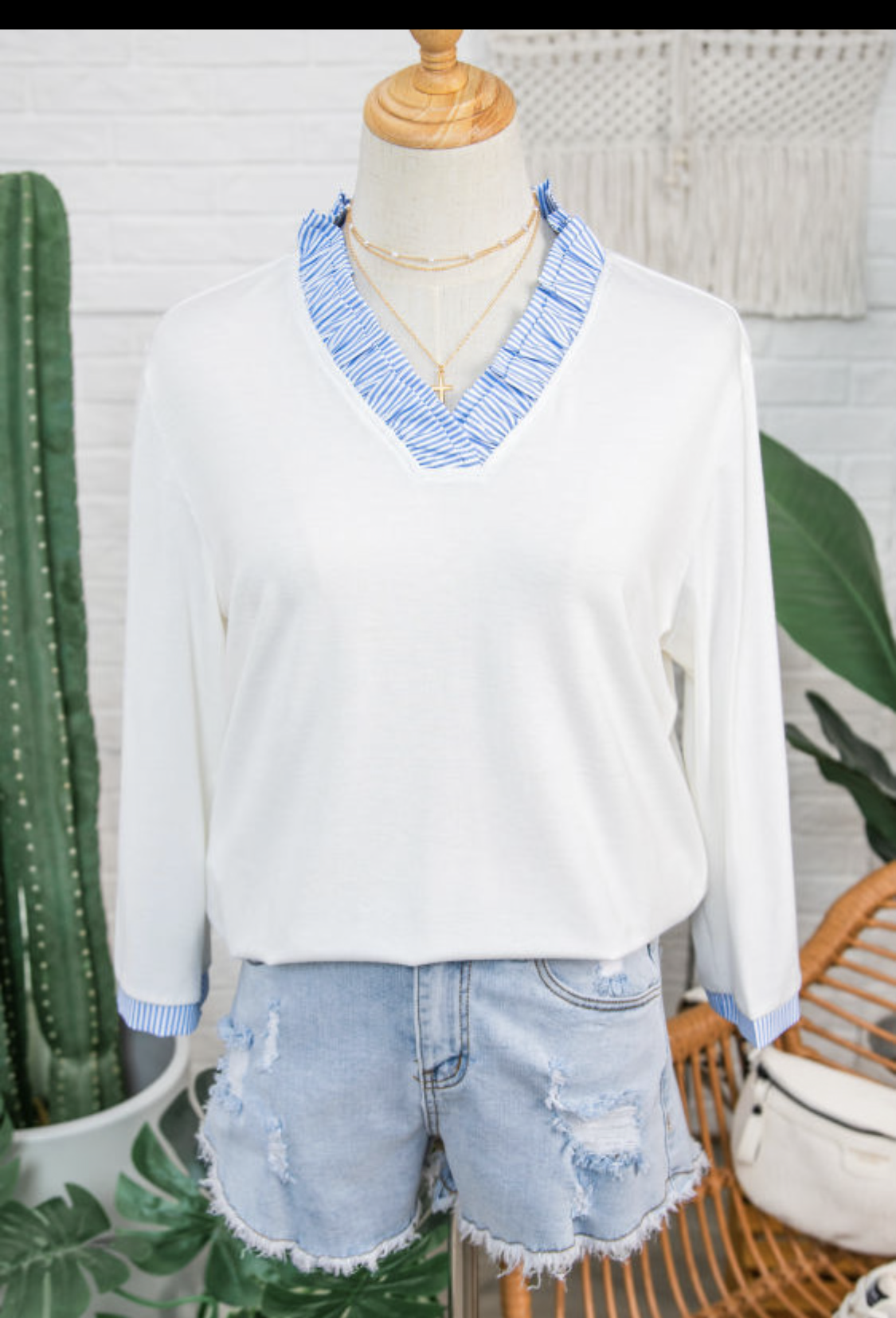 White Striped Patchwork 3/4 Sleeve Blouse