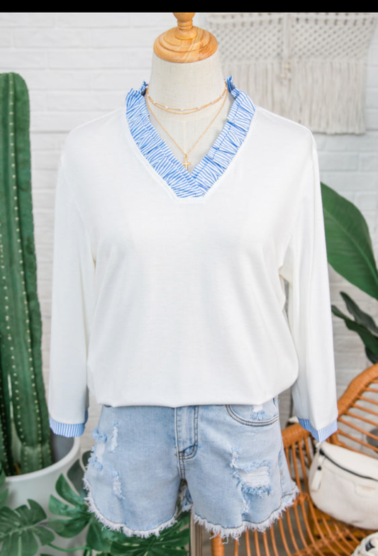 White Striped Patchwork 3/4 Sleeve Blouse