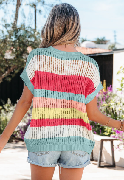 Stripe Color Block Hollow Out Knit Short SLeeve Sweater