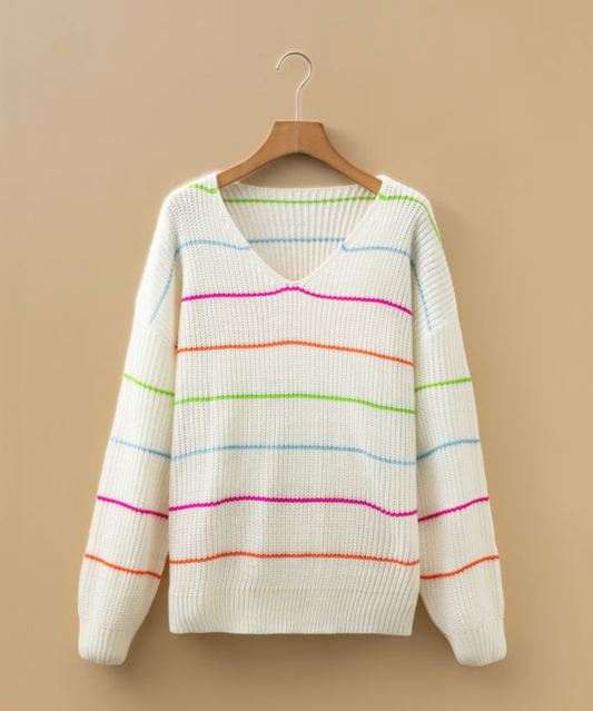 White Colorful Stripe Baggy Sweater