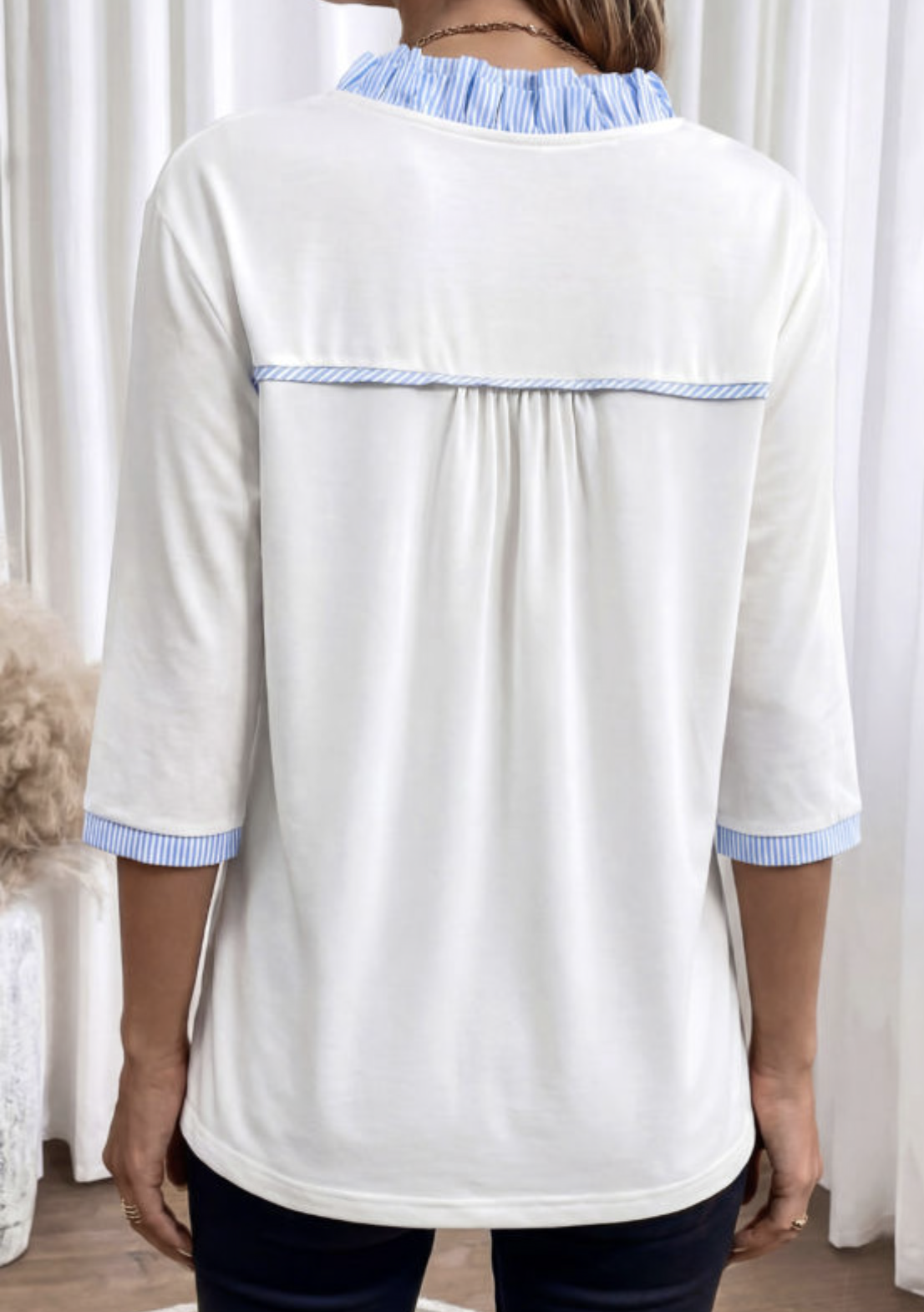 White Striped Patchwork 3/4 Sleeve Blouse