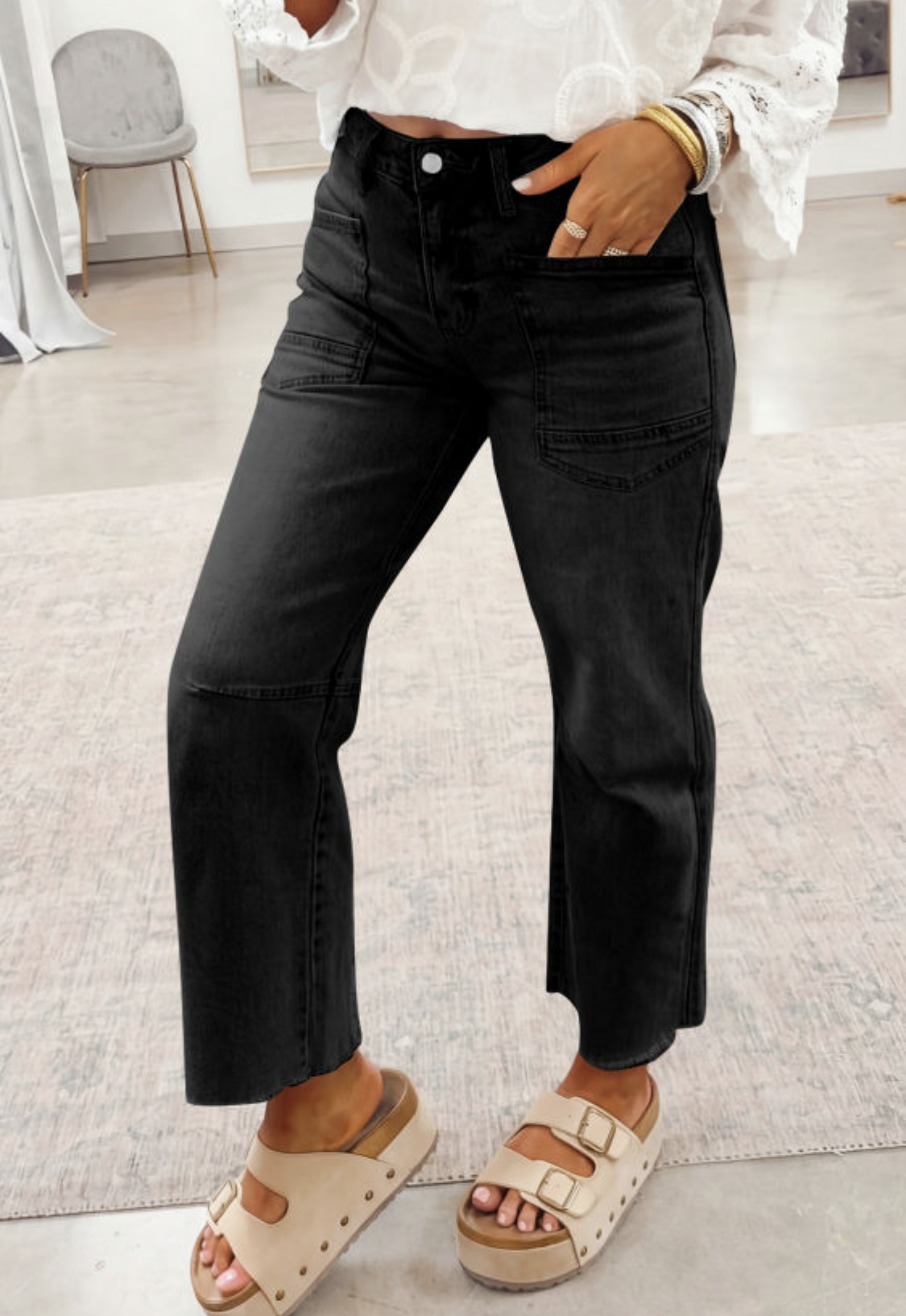 Black Frayed Cropped Jeans