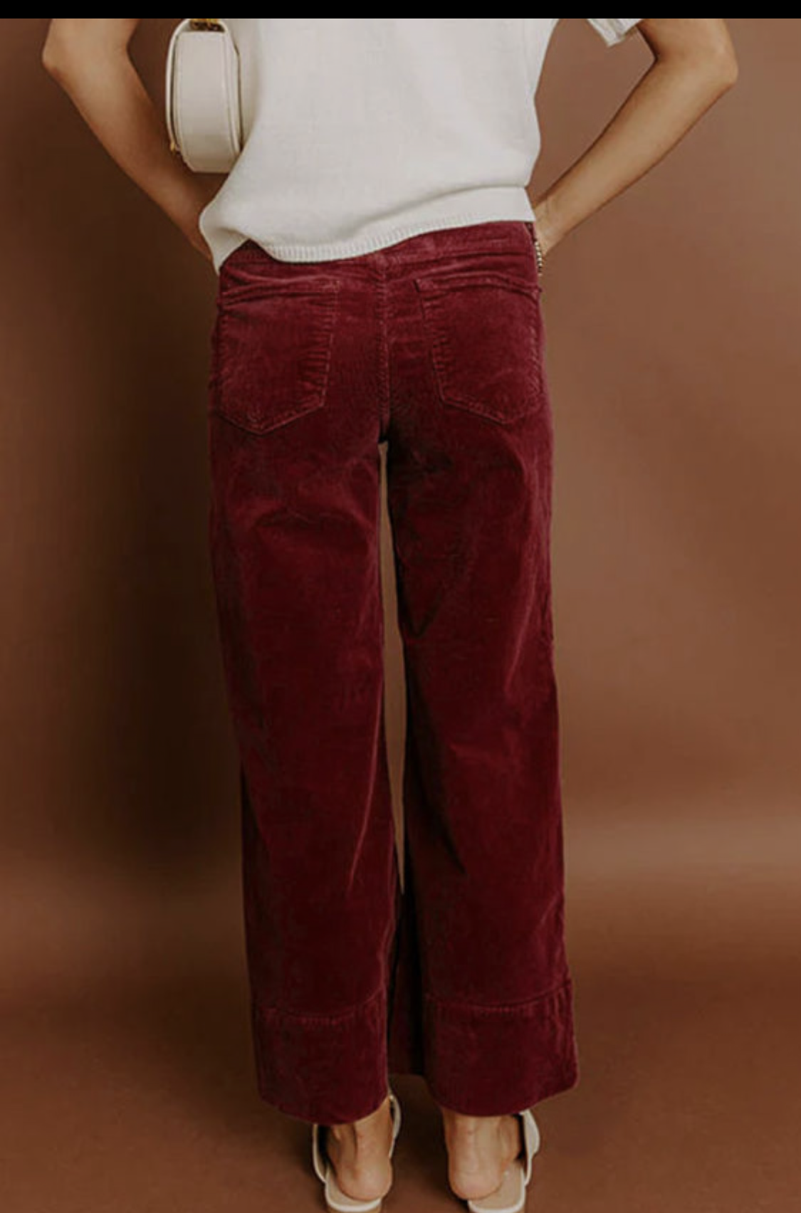 Burgundy Corduroy Solid Color High Waist Wide Leg Pants