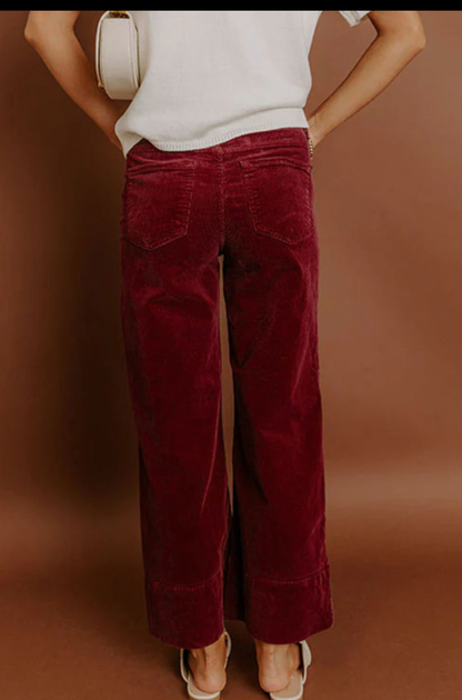 Burgundy Corduroy Solid Color High Waist Wide Leg Pants