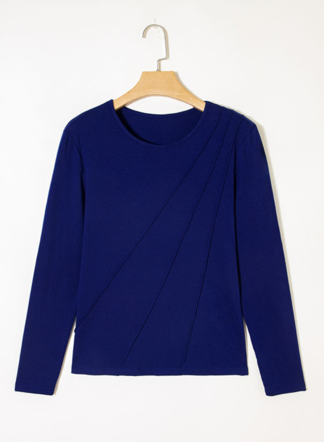 Navy Blue Asymmetric Seam Detail Solid Color Long Sleeve Top