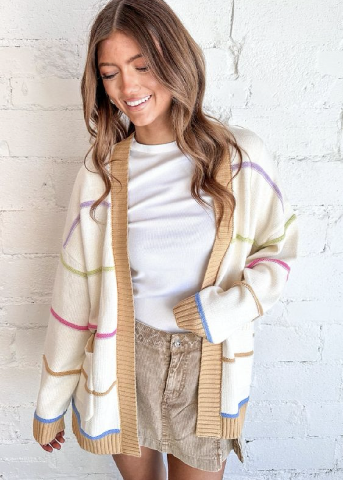 White Color Block Striped Open Front Cardigan With Pocket