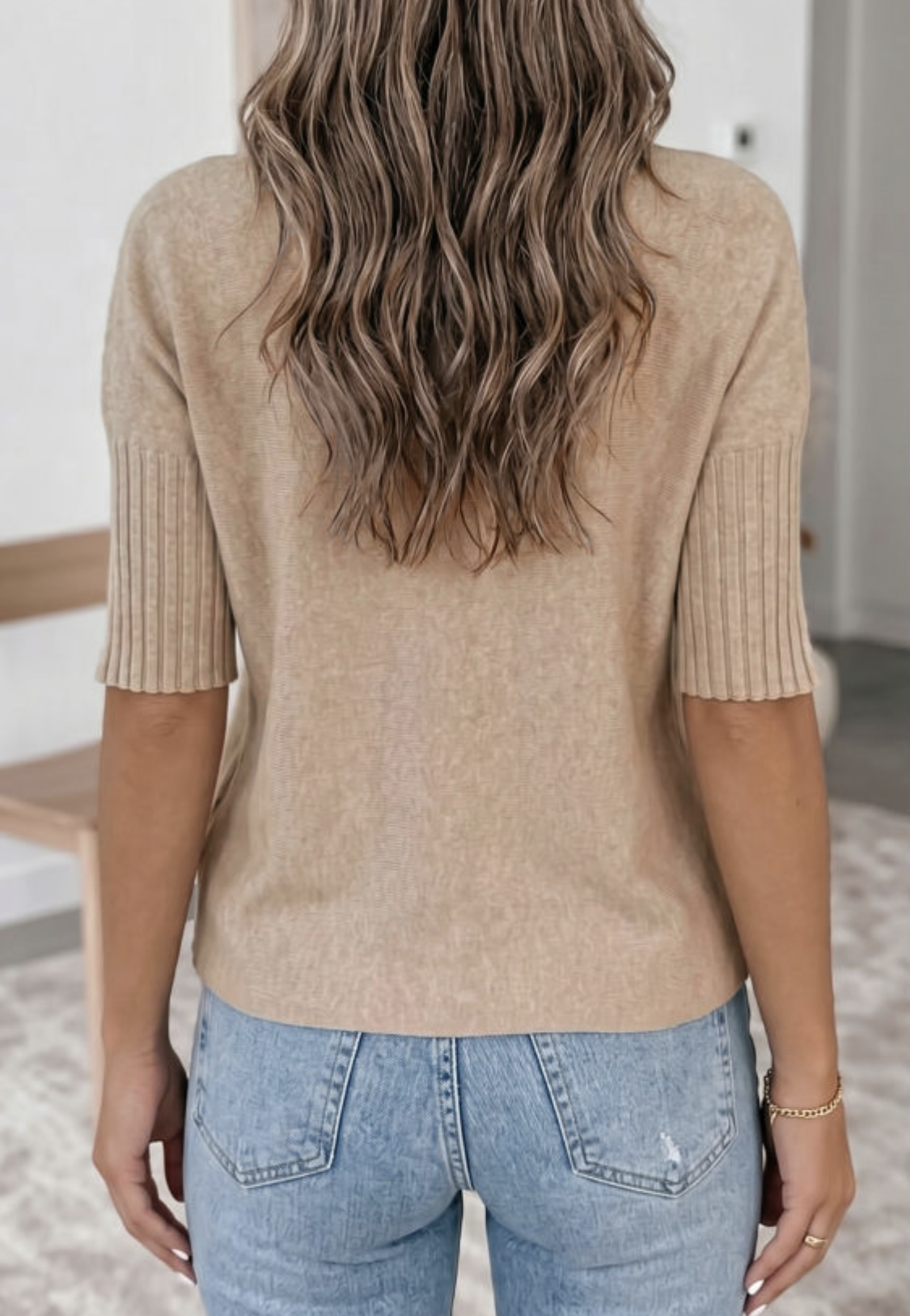 Beige Ribbed High Neck Casual Sweater (Presale)