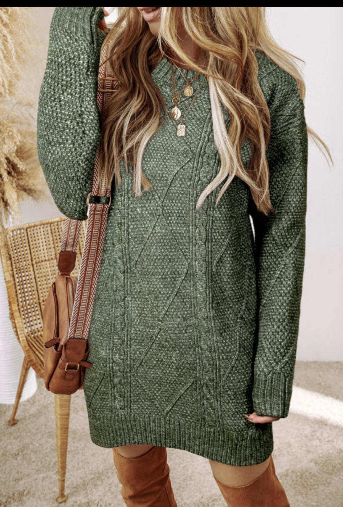Mist Green Cable Knit Drop Shoulder Loose Fit Sweater Dress