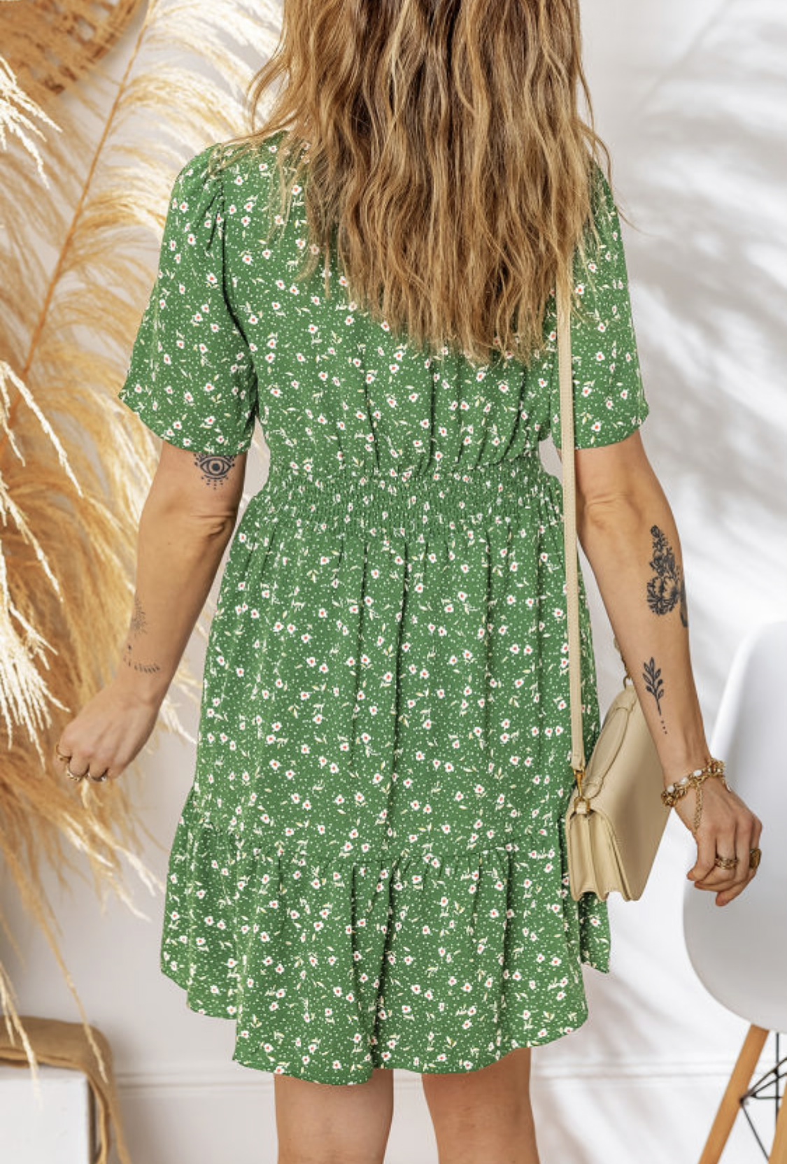 Green Floral Print Wrap Dress