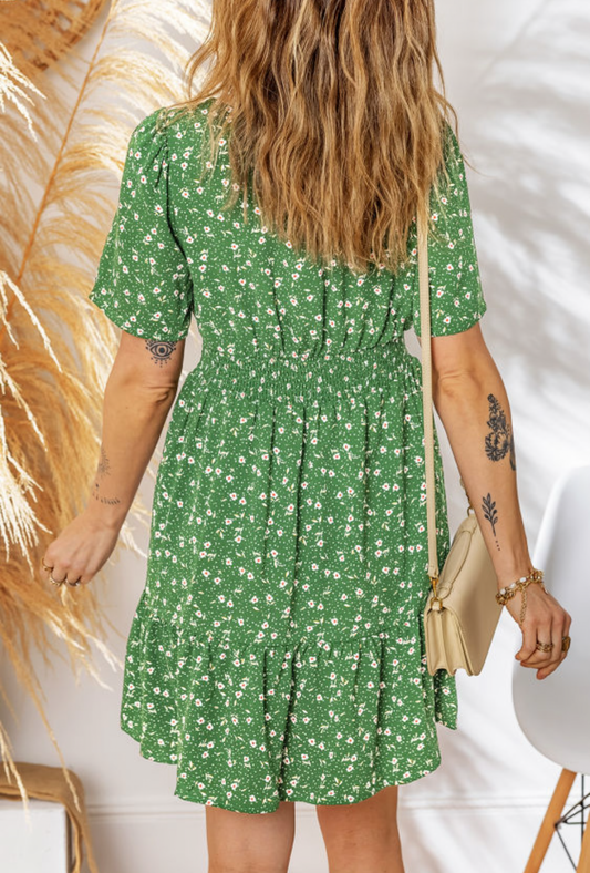 Green Floral Print Wrap Dress