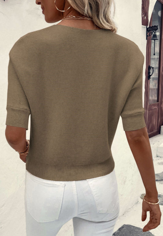 Coffee Round Neck Half Sleeve Ribbed Knit Top