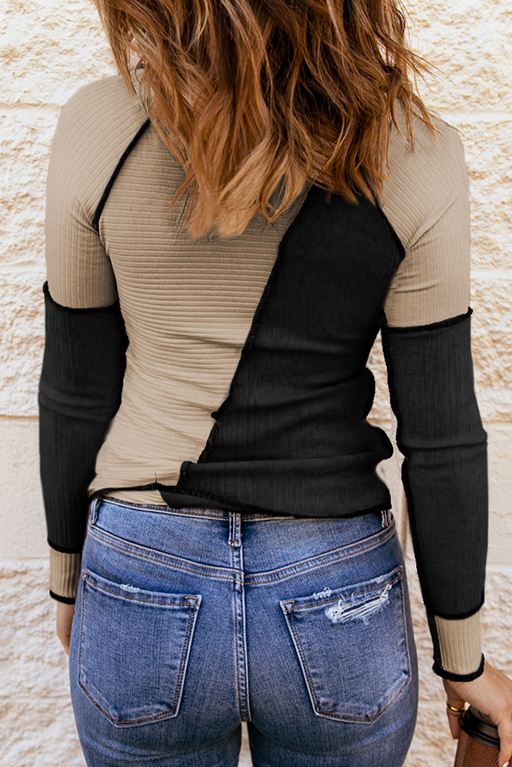 Black Color Block Seaming Trim Rib Knit Top