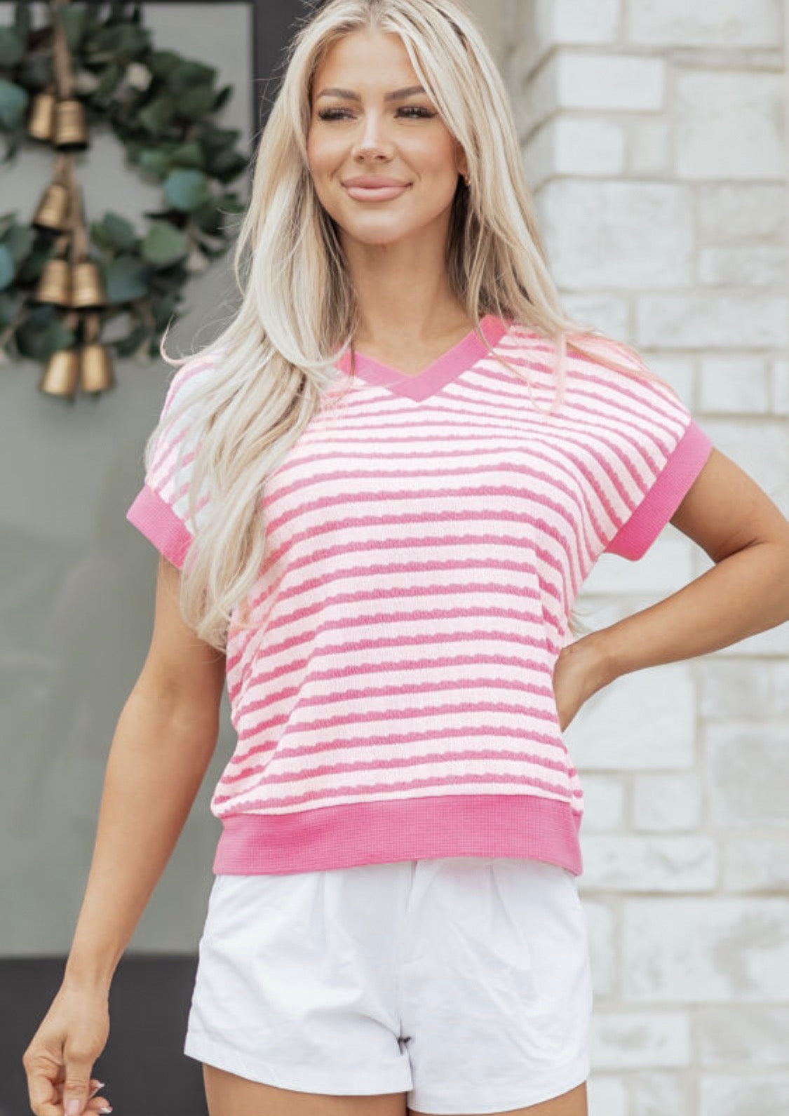 Pink Stripe Textured V Neck Top