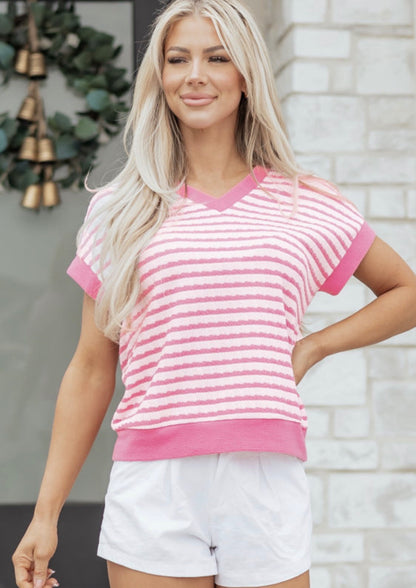 Pink Stripe Textured V Neck Top