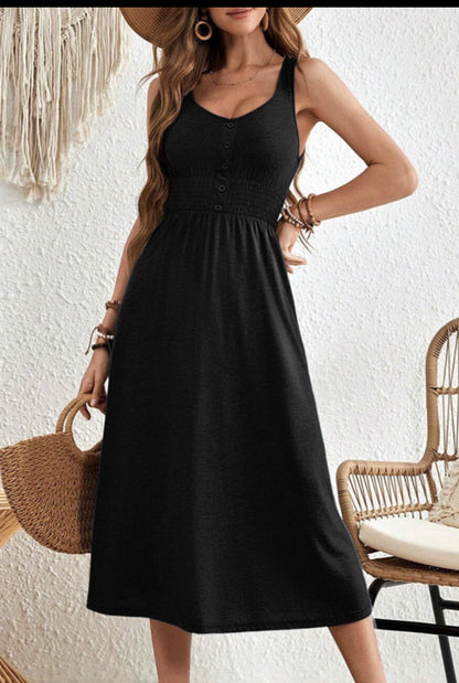 Black Button Sleeveless Midi Dress