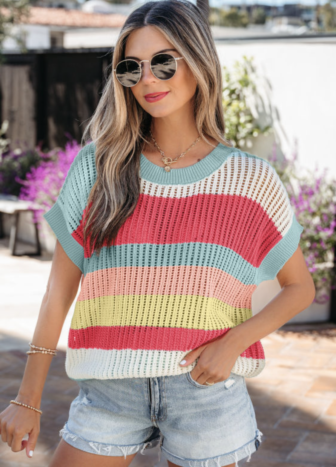 Stripe Color Block Hollow Out Knit Short SLeeve Sweater