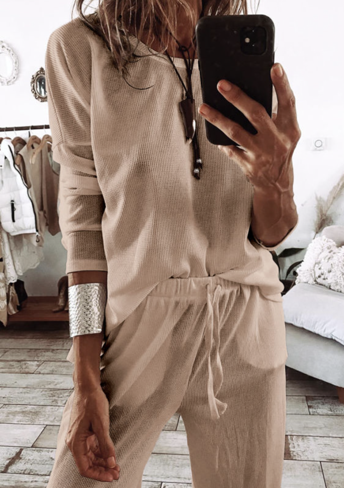 Textured Long Sleeve T Shirt and Pants Lounge Se