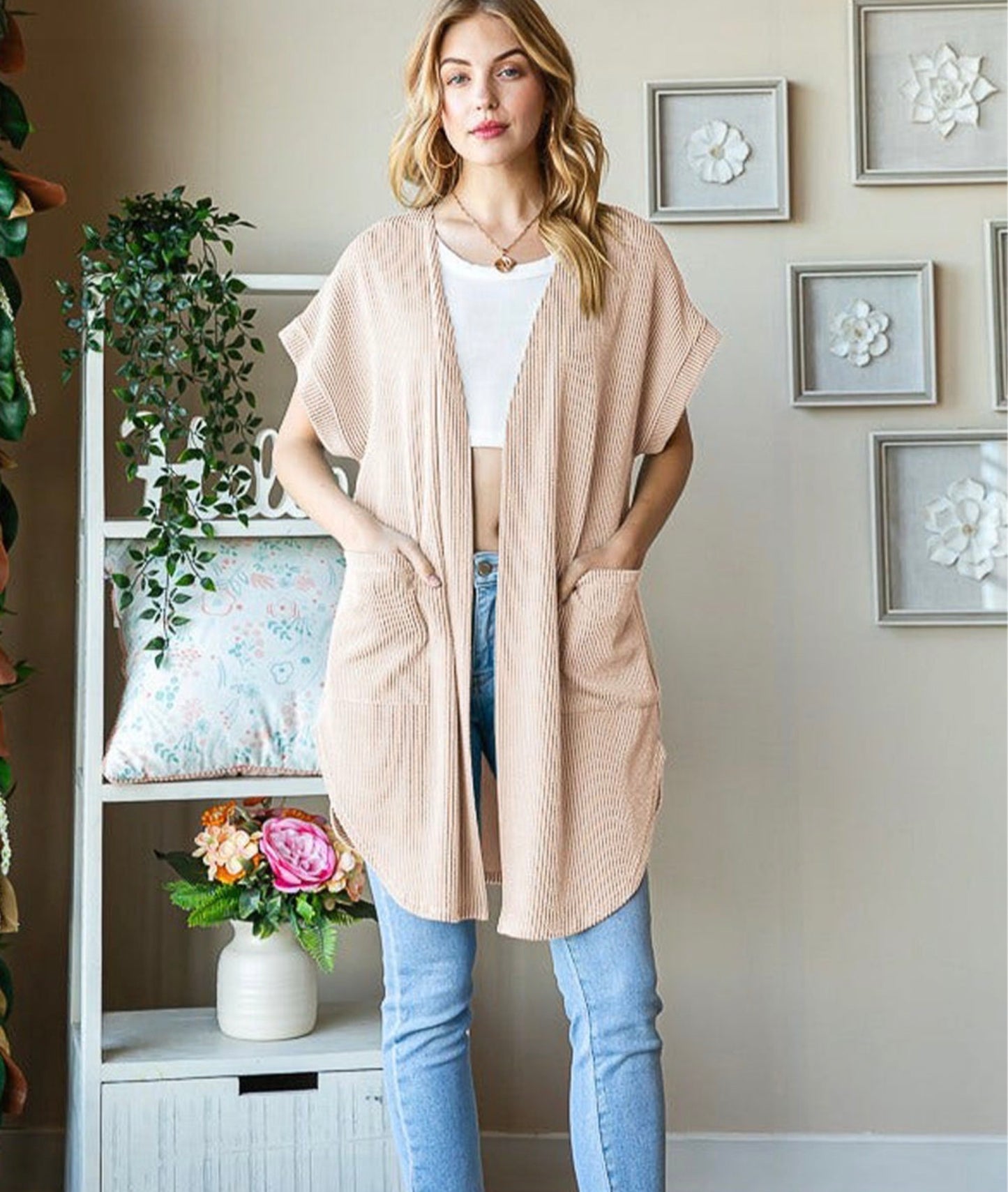 Pocketed Short Sleeve Open Front Jacket