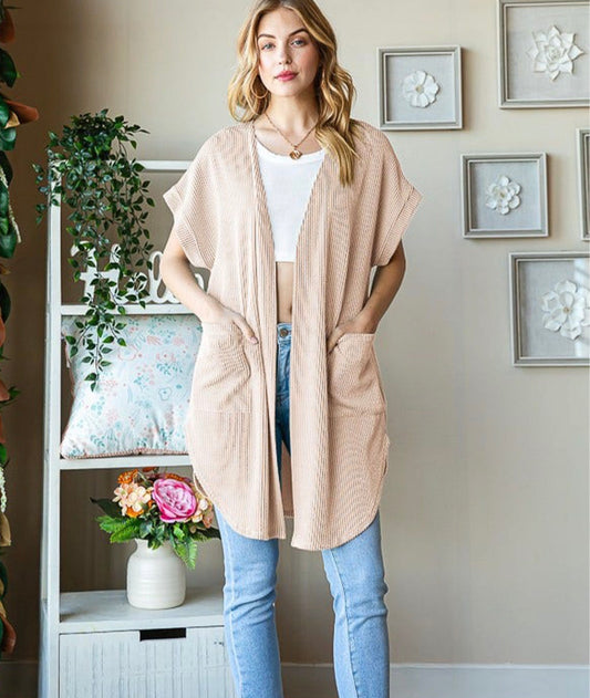 Pocketed Short Sleeve Open Front Jacket