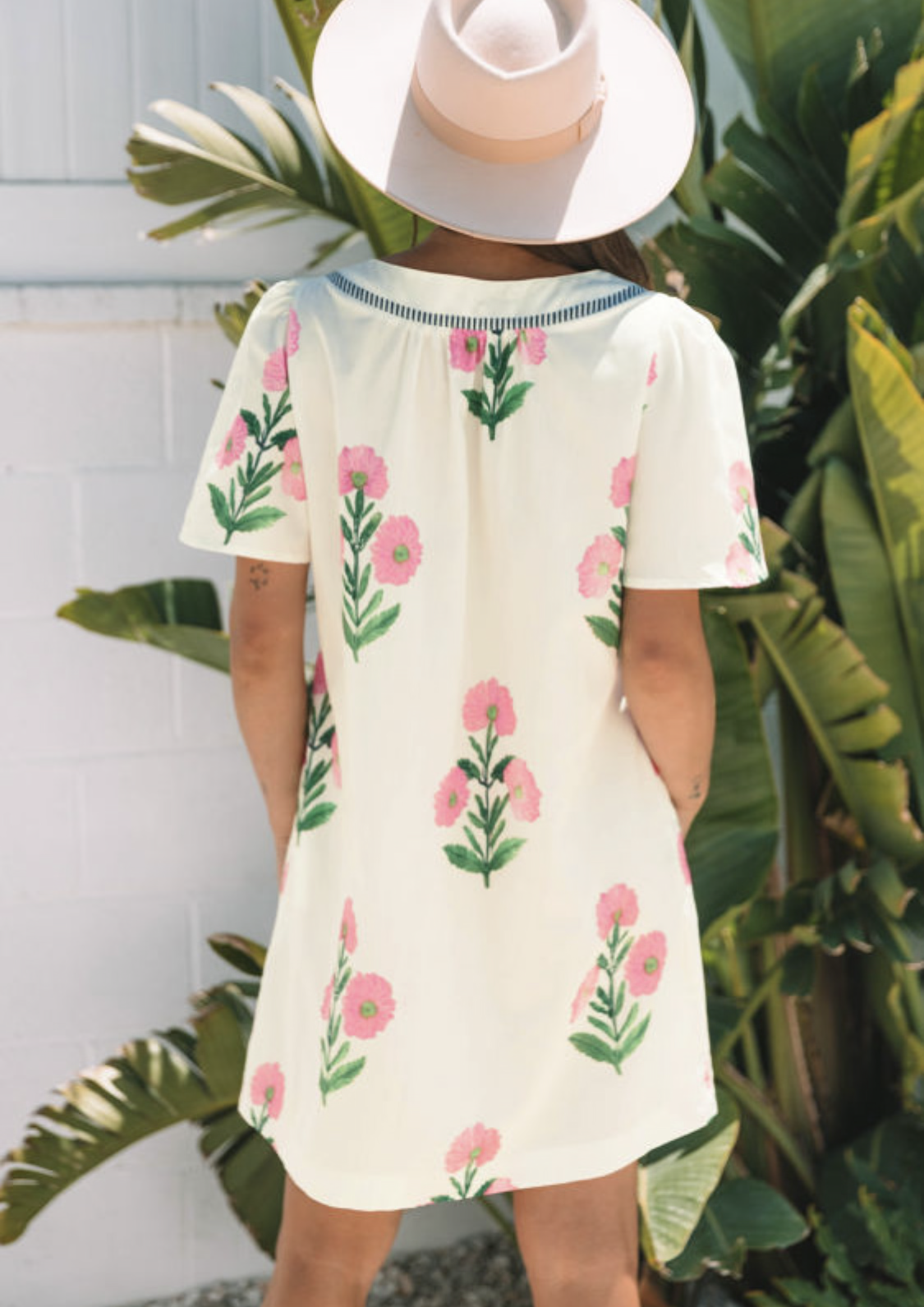 Floral Short Sleeve Split Neck Loose Mini Dress