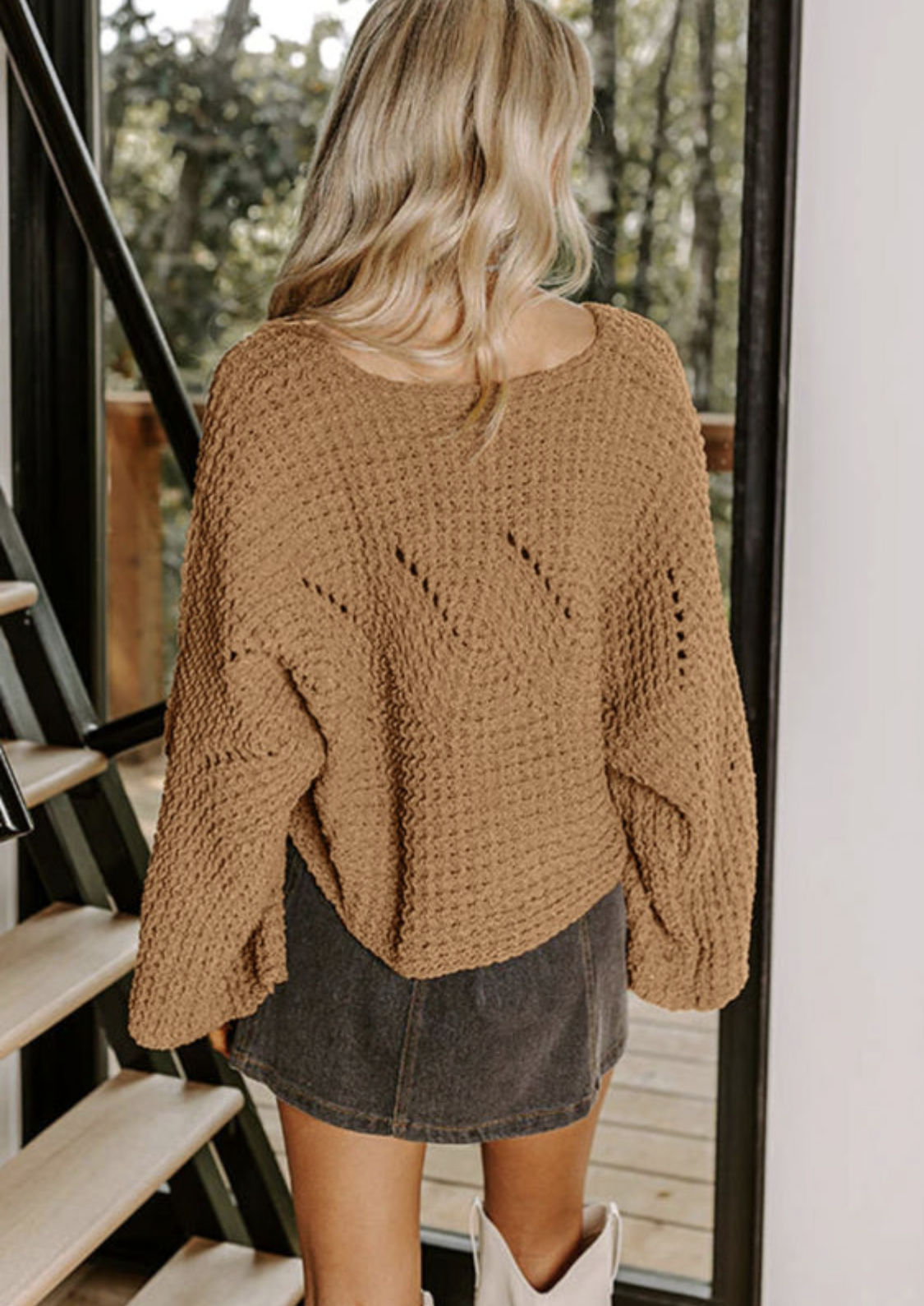 Camel Hollowed Detail Wide Sleeve Loose Pullover Sweater