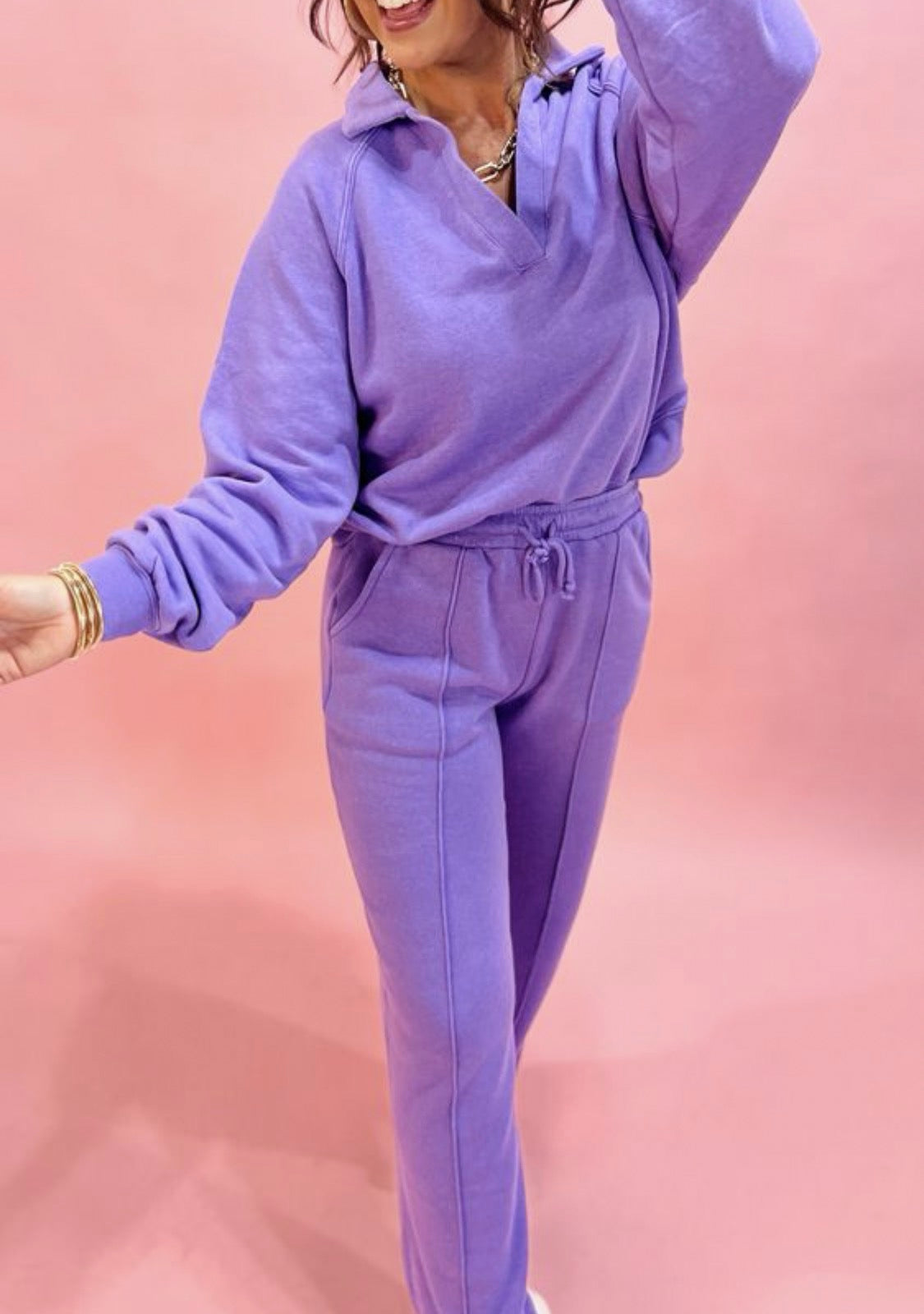 Wisteria Solid Color Collared Pullover and Central Seam Pants Set