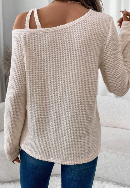 Textured Knit Asymmetric Shoulder Long Sleeve Top