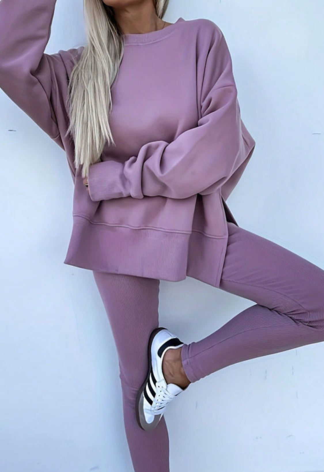 Orchid Mist Sweatshirt Ribbed Leggings 2pcs Set