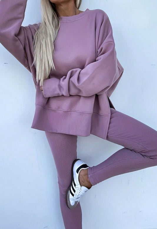 Orchid Mist Sweatshirt Ribbed Leggings 2pcs Set