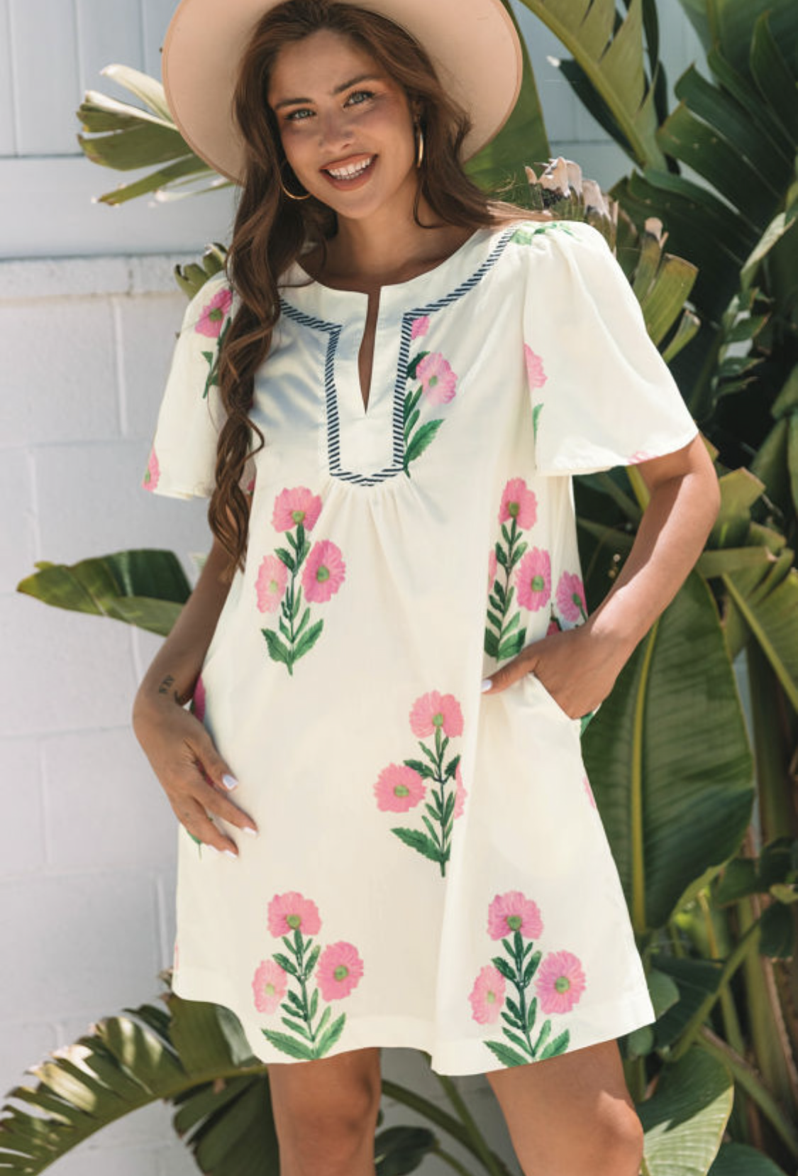 Floral Short Sleeve Split Neck Loose Mini Dress