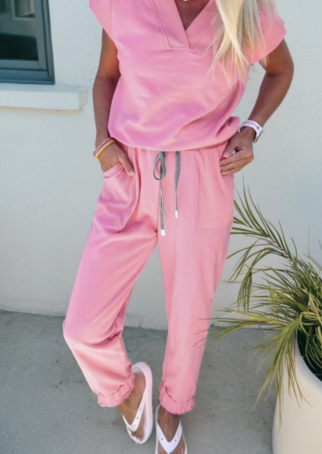 Pink V Neck Pant Set