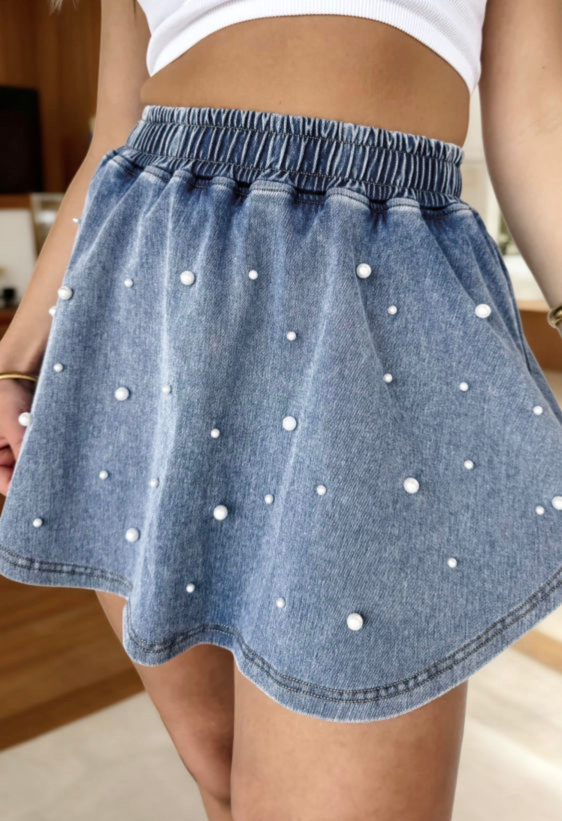 Denim Pearl Mini Skort