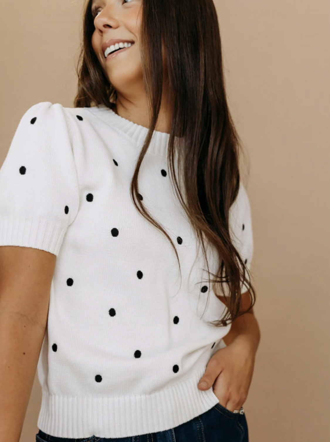 White Polka Dot Bubble Sleeve Top