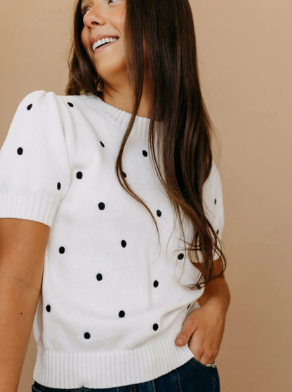 White Polka Dot Bubble Sleeve Top