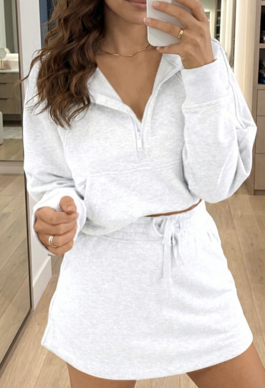 Light Gray Long Sleeve Zip Up Skort Set