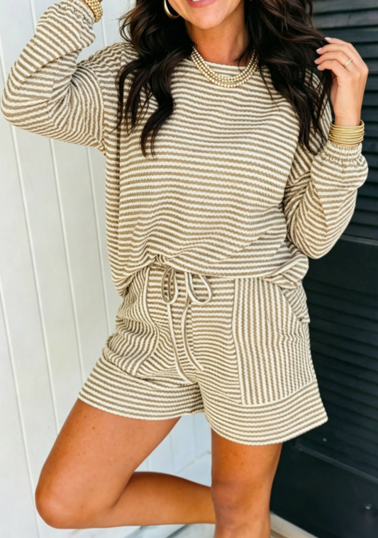 Brown Long Sleeve Stripe Short Set