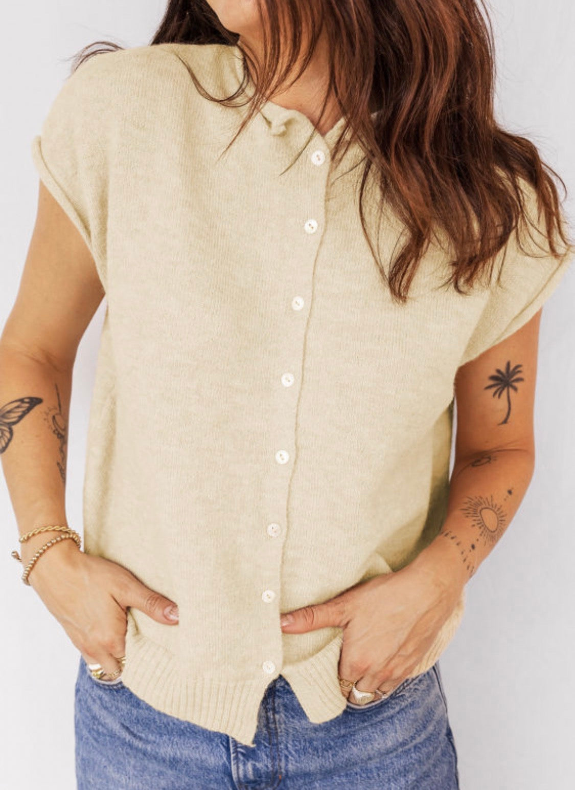 Apricot Buttoned Front Rolled Hem Cap Sleeve Sweater Top